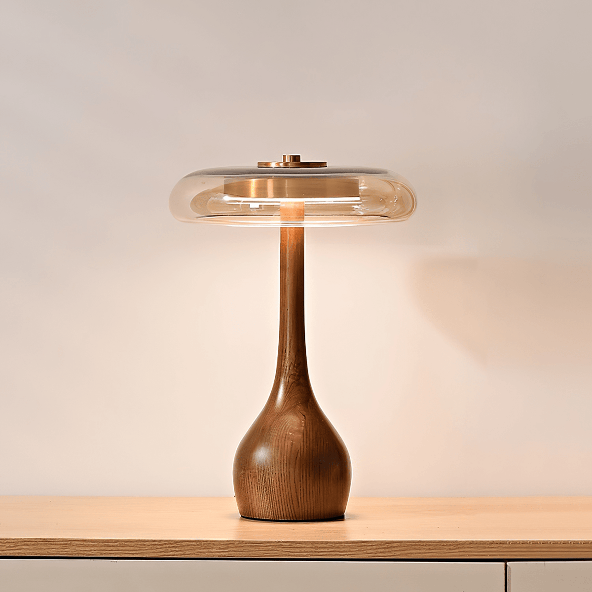 Walnut Wood And Amber Glass Table Lamp