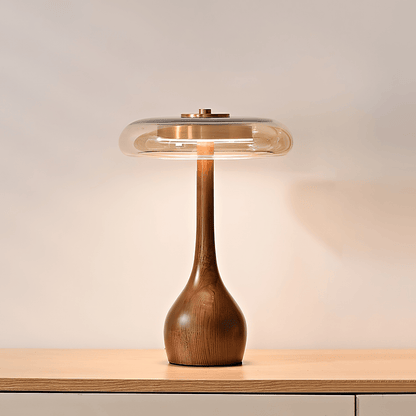 Walnut Wood And Amber Glass Table Lamp
