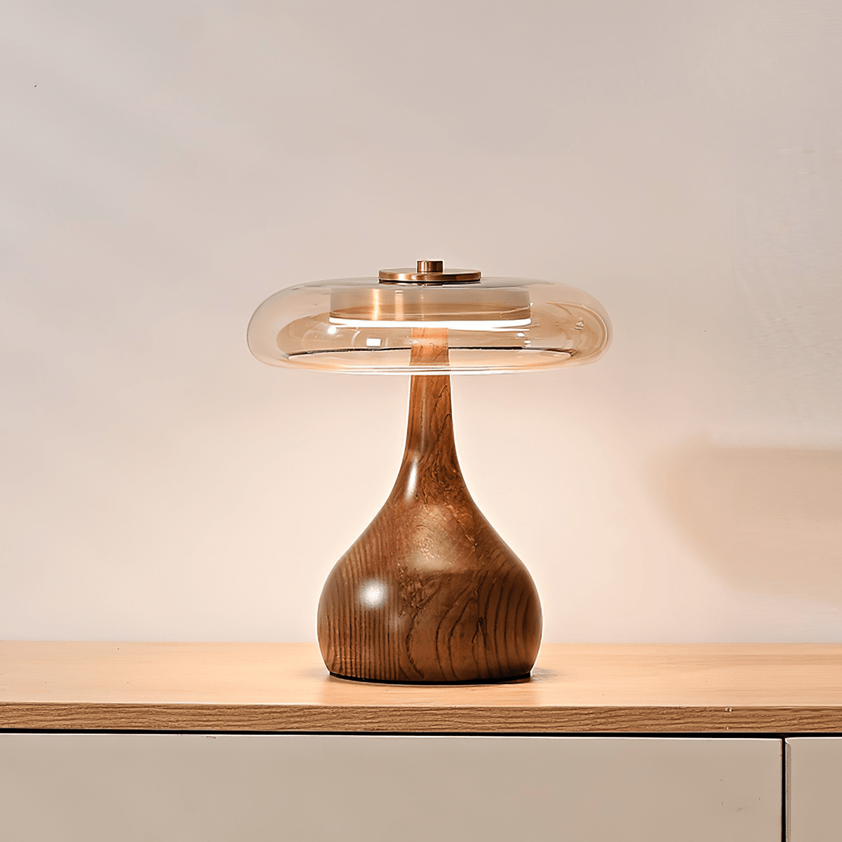 Walnut Wood And Amber Glass Table Lamp
