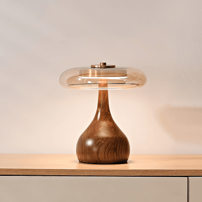 Walnut Wood And Amber Glass Table Lamp