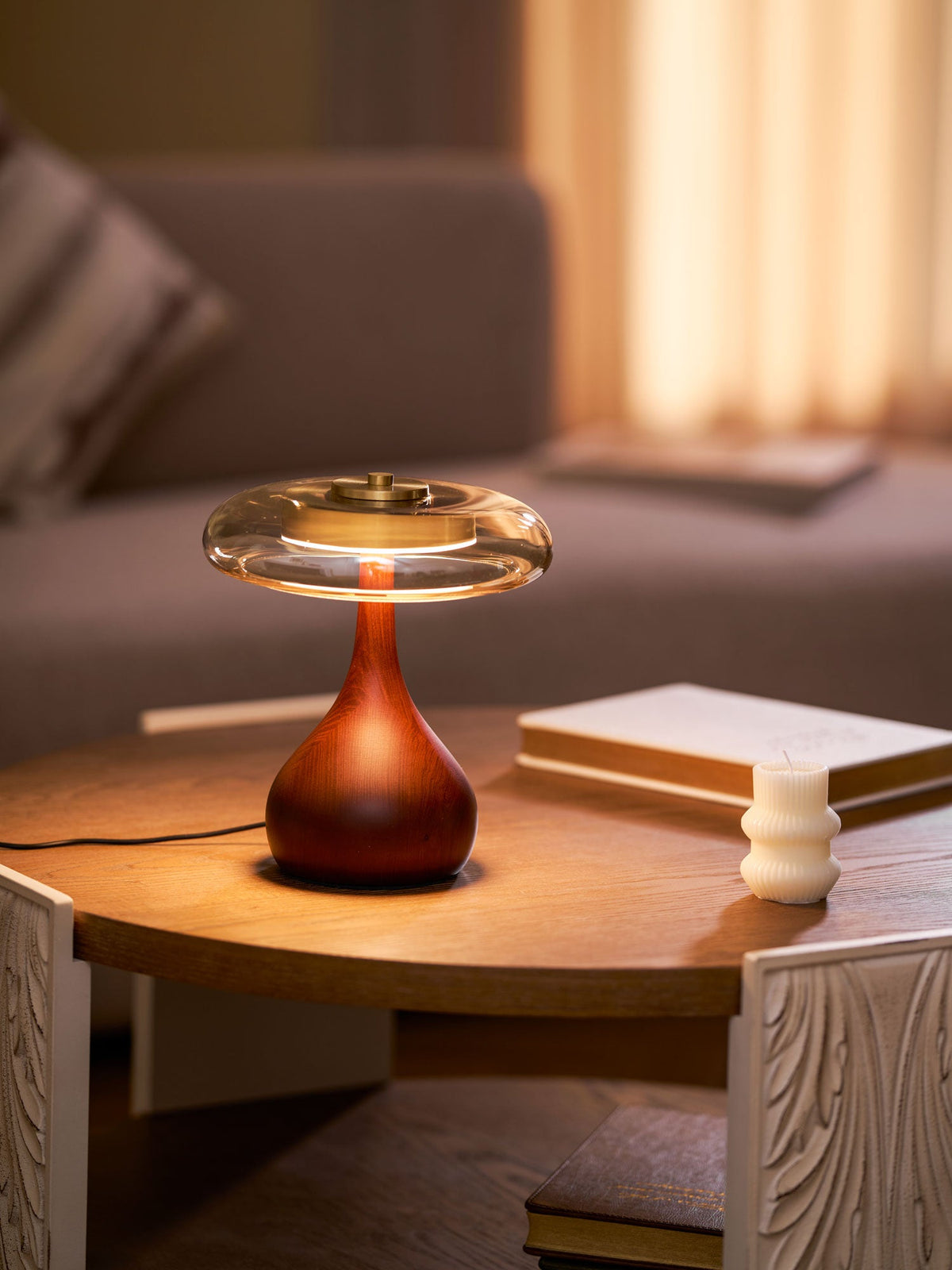 Walnut Wood And Amber Glass Table Lamp