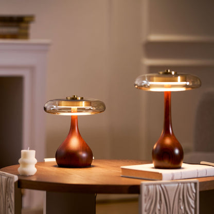 Walnut Wood And Amber Glass Table Lamp