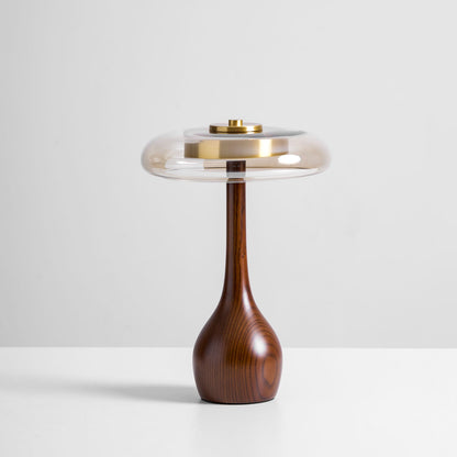 Walnut Wood And Amber Glass Table Lamp