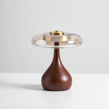 Walnut Wood And Amber Glass Table Lamp