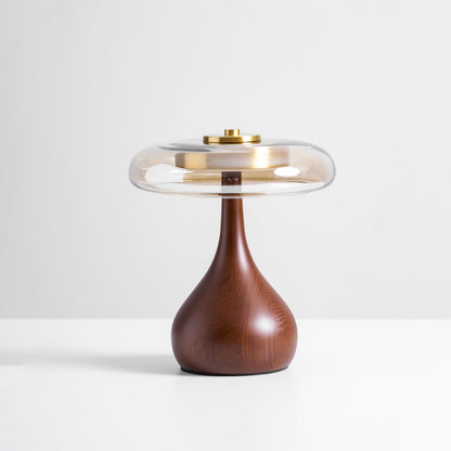 Walnut Wood And Amber Glass Table Lamp