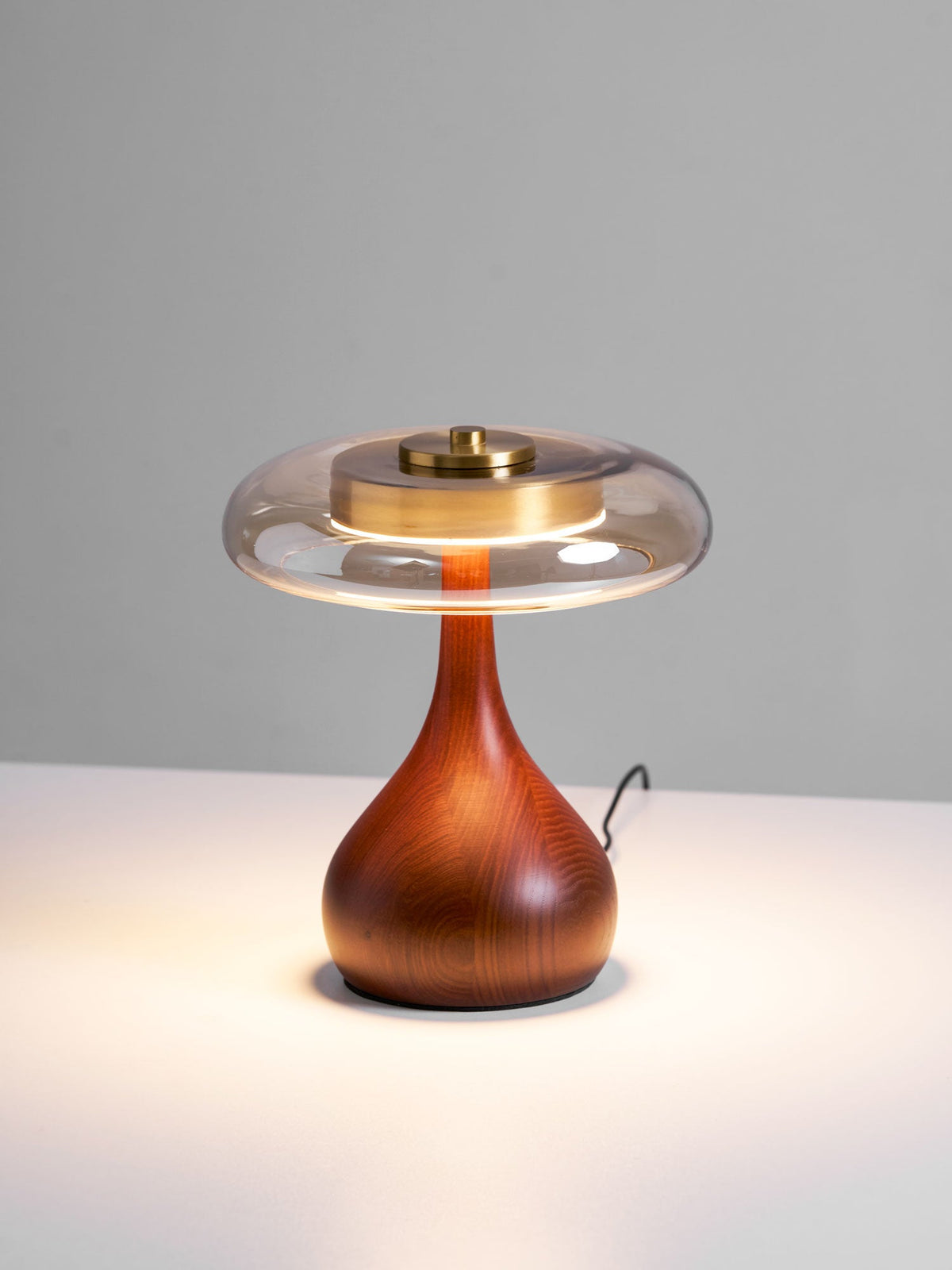 Walnut Wood And Amber Glass Table Lamp