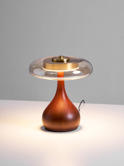 Walnut Wood And Amber Glass Table Lamp