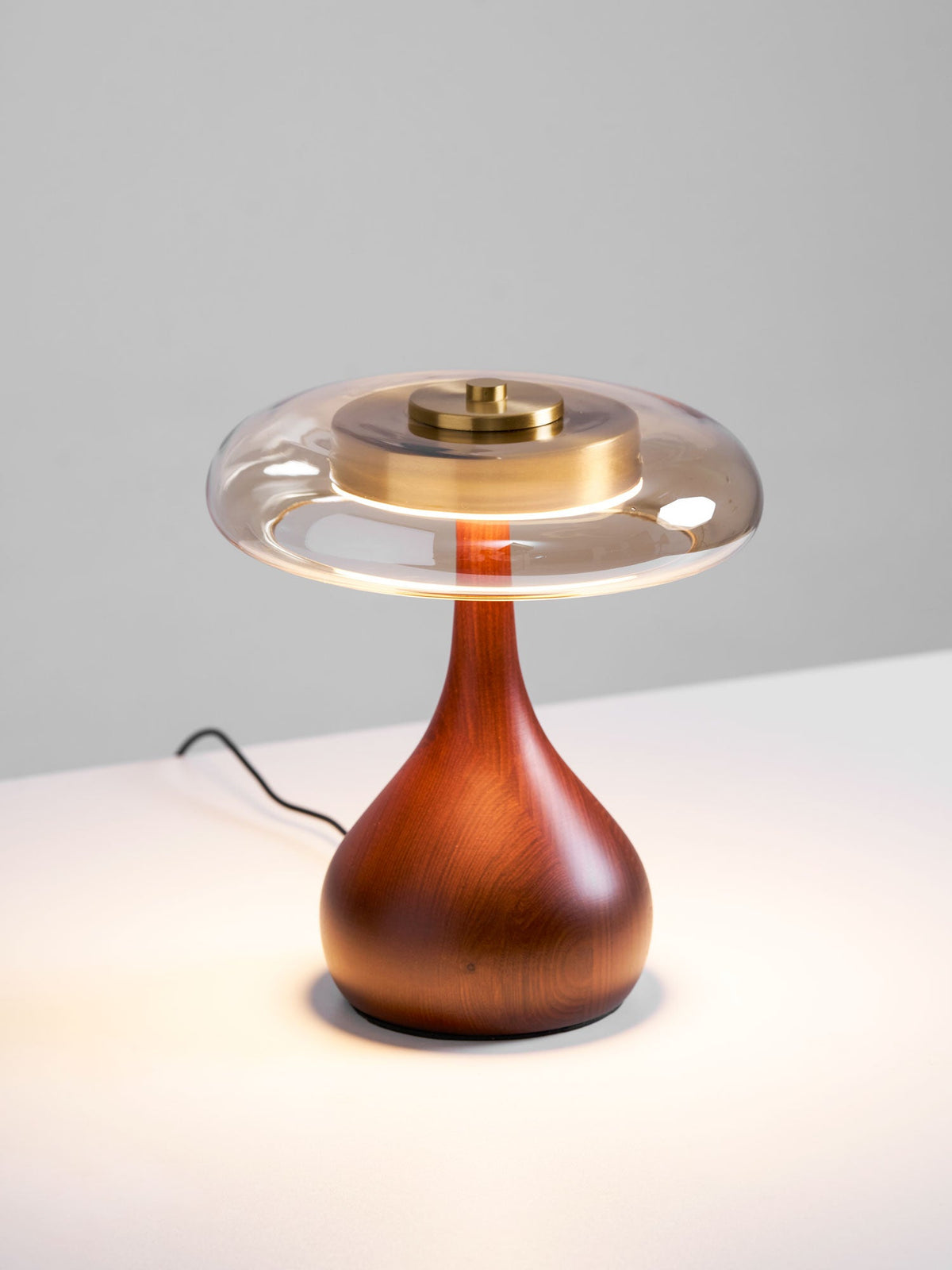 Walnut Wood And Amber Glass Table Lamp