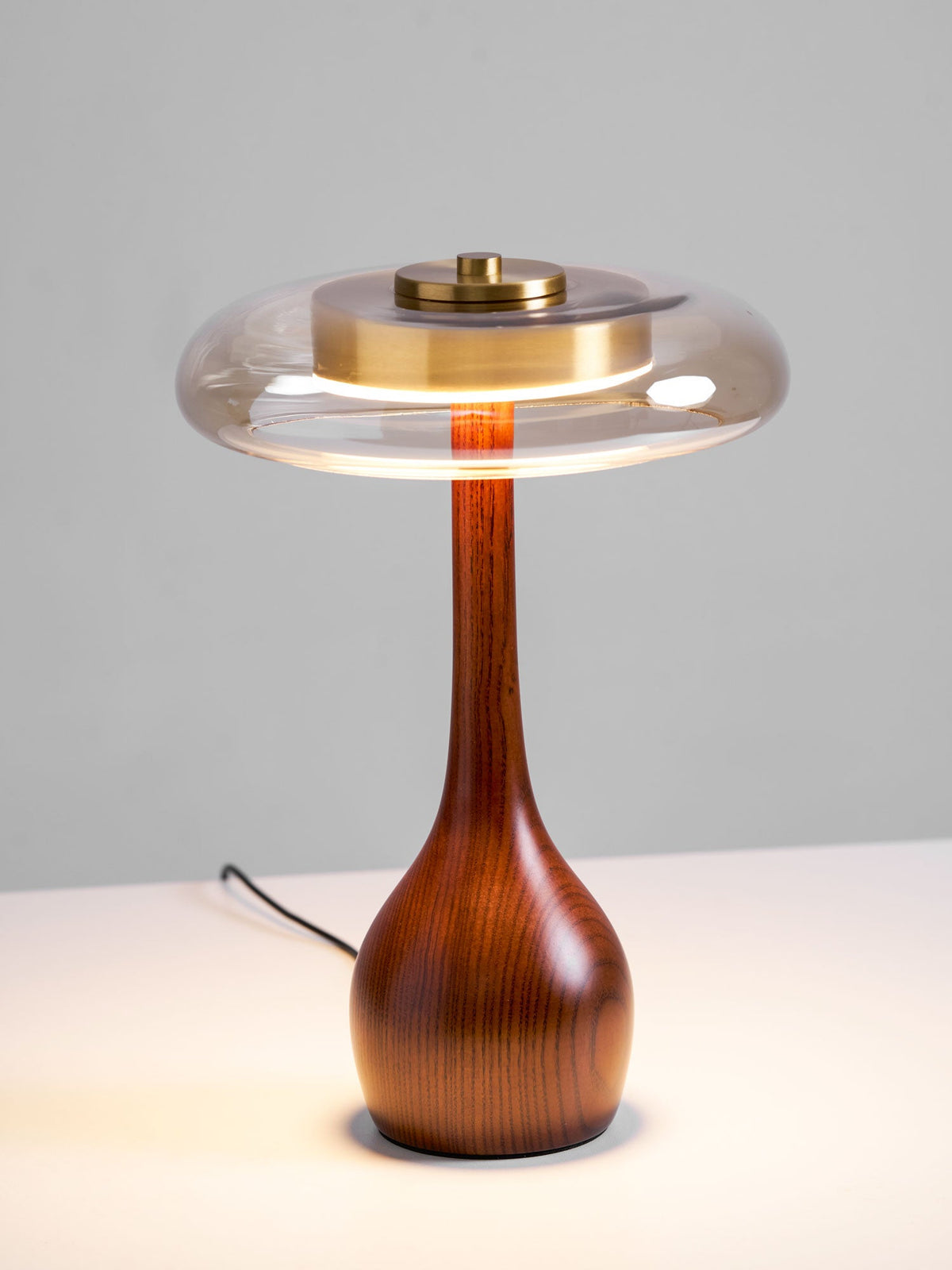 Walnut Wood And Amber Glass Table Lamp