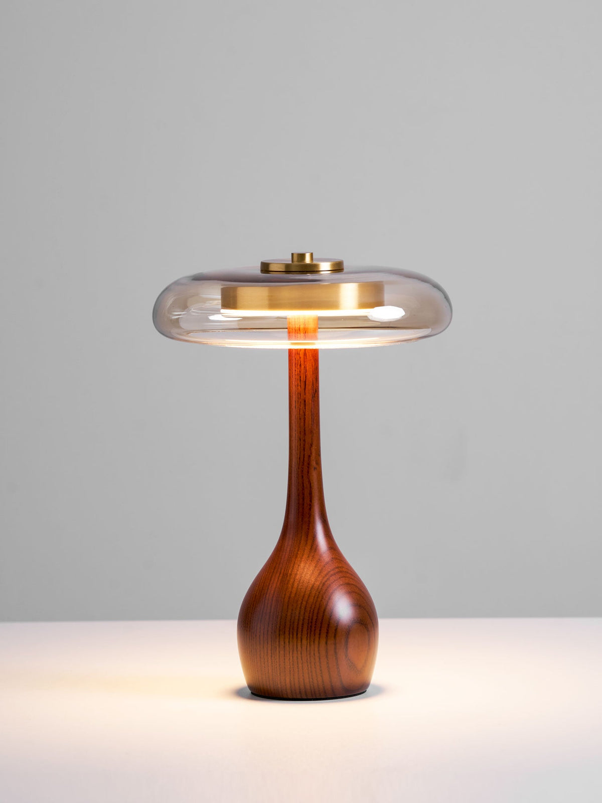 Walnut Wood And Amber Glass Table Lamp