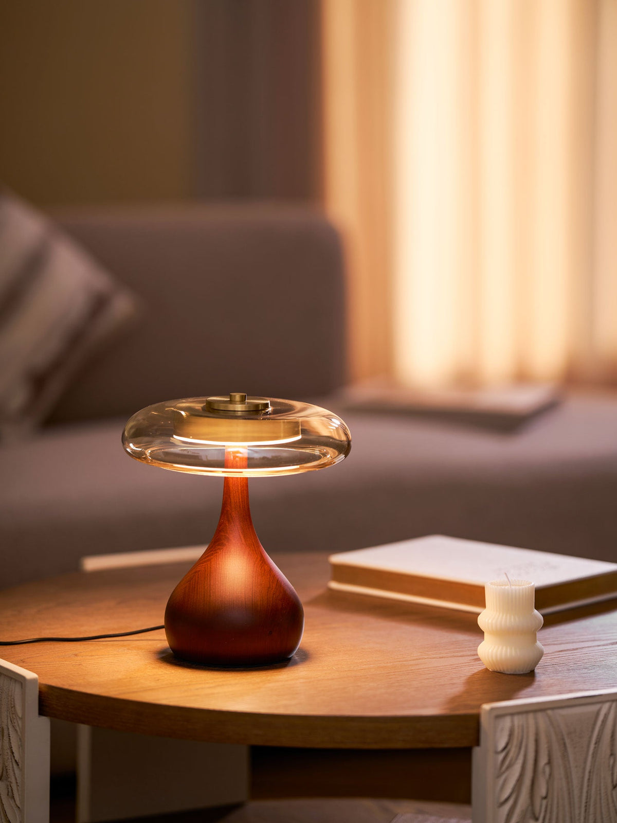 Walnut Wood And Amber Glass Table Lamp