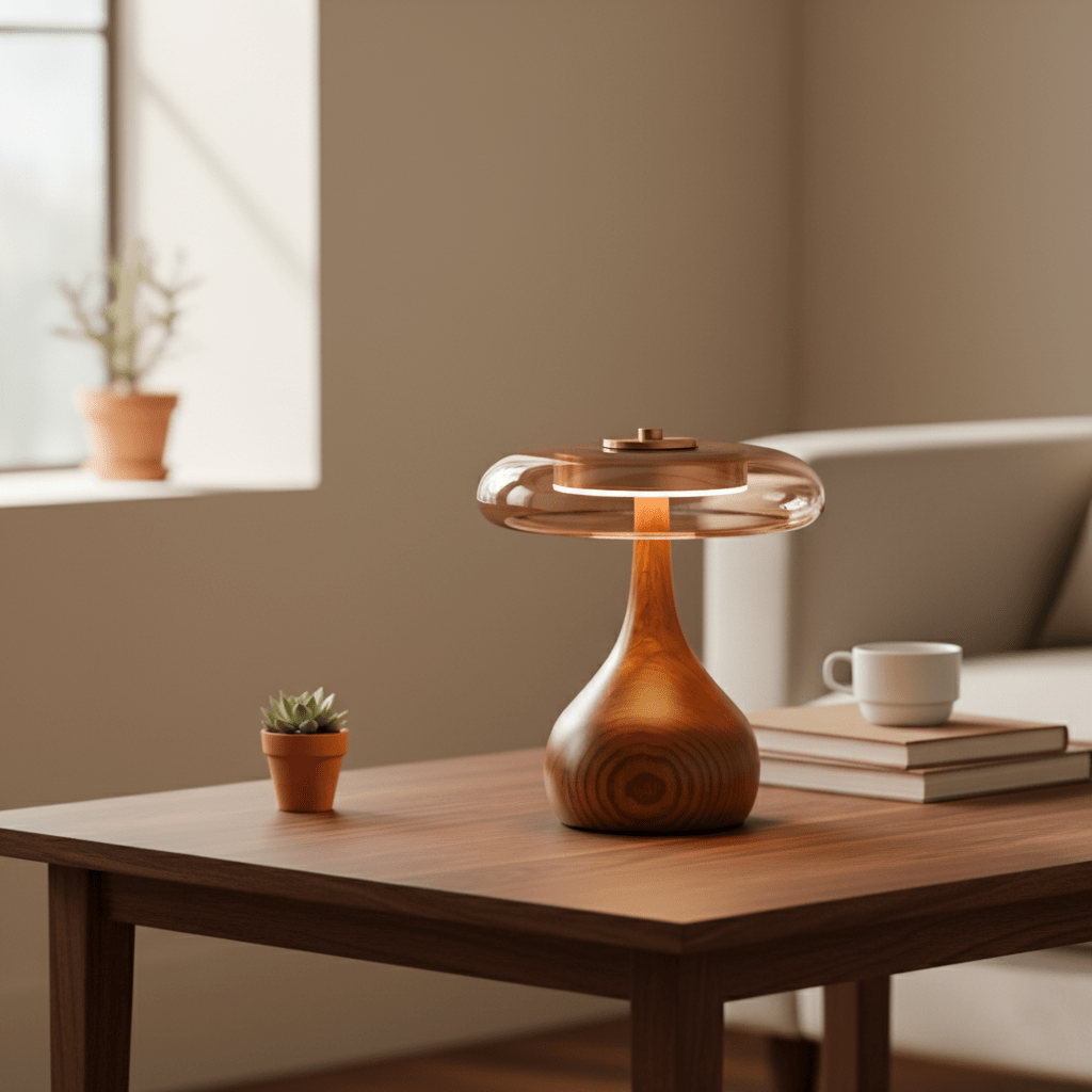 Walnut Wood And Amber Glass Table Lamp