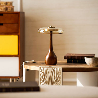 Walnut Wood And Amber Glass Table Lamp