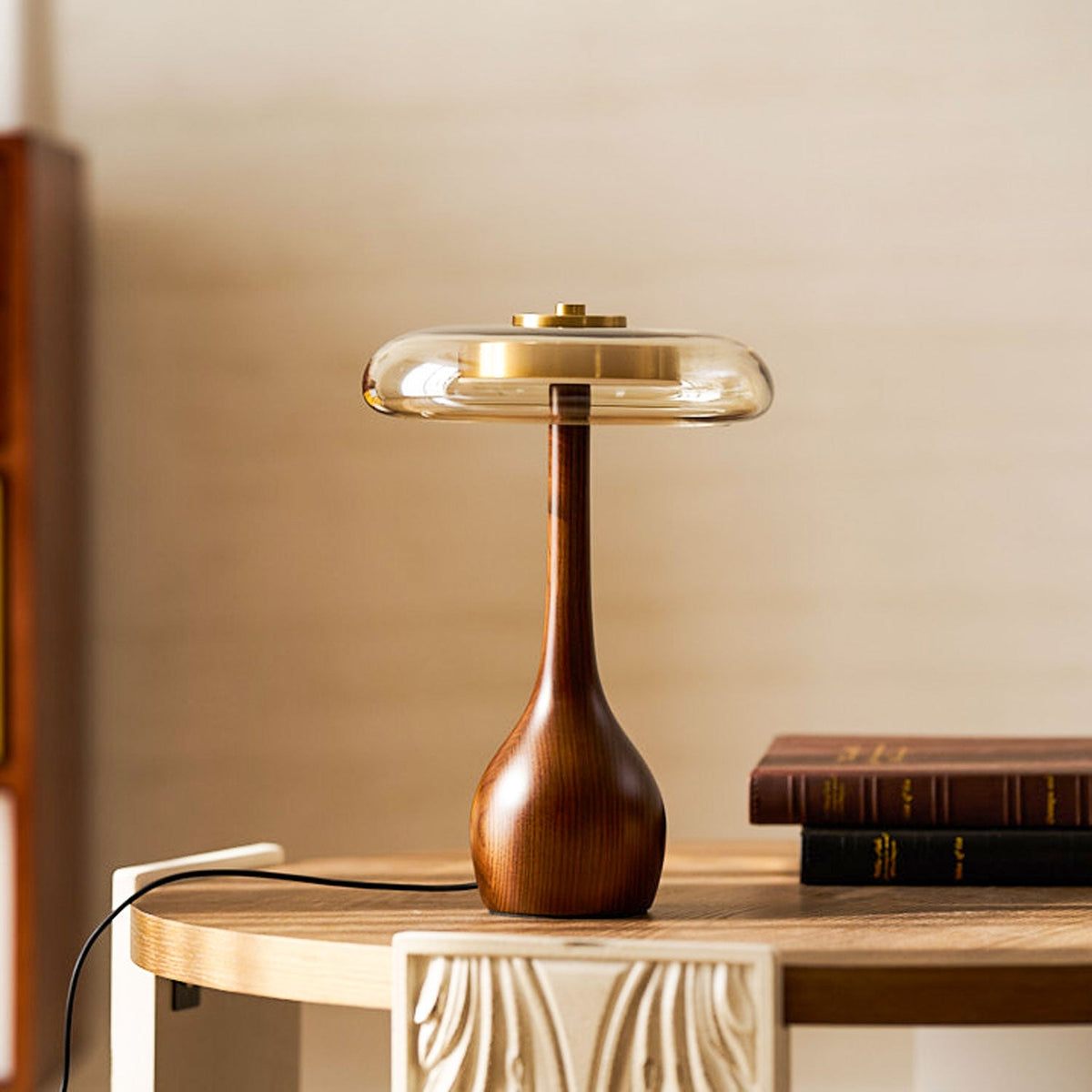 Walnut Wood And Amber Glass Table Lamp