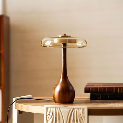 Walnut Wood And Amber Glass Table Lamp