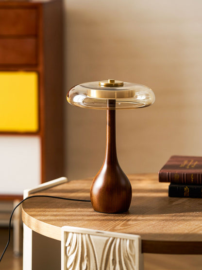 Walnut Wood And Amber Glass Table Lamp