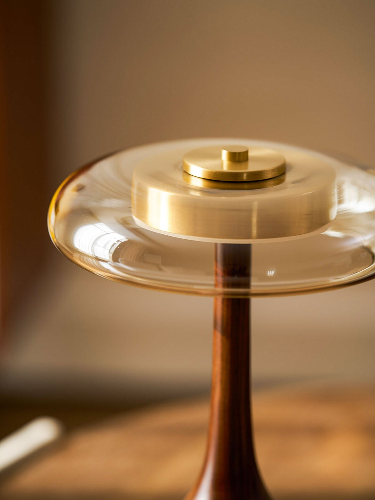 Walnut Wood And Amber Glass Table Lamp