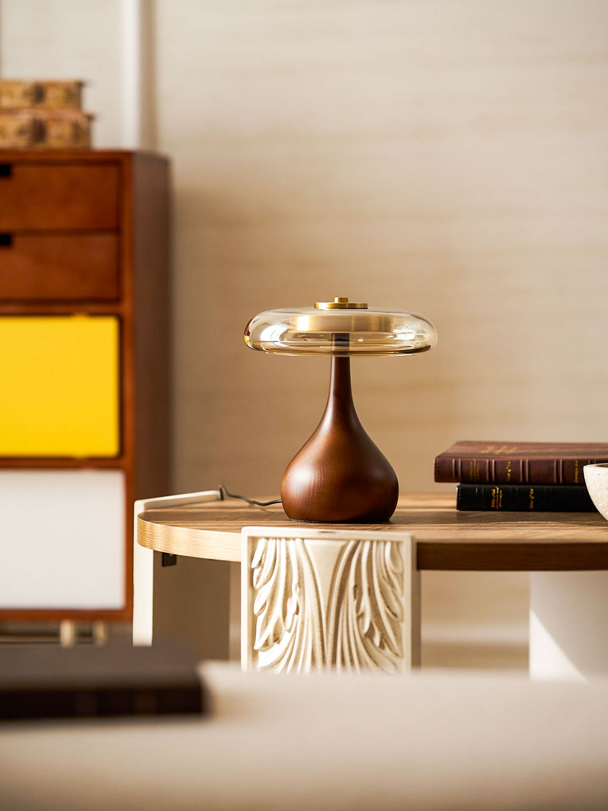 Walnut Wood And Amber Glass Table Lamp