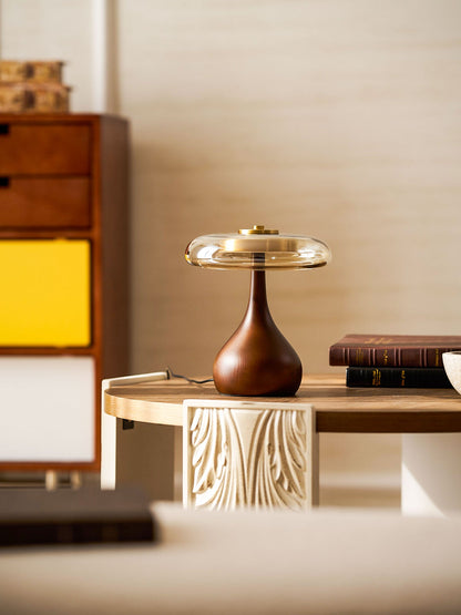 Walnut Wood And Amber Glass Table Lamp