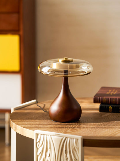 Walnut Wood And Amber Glass Table Lamp