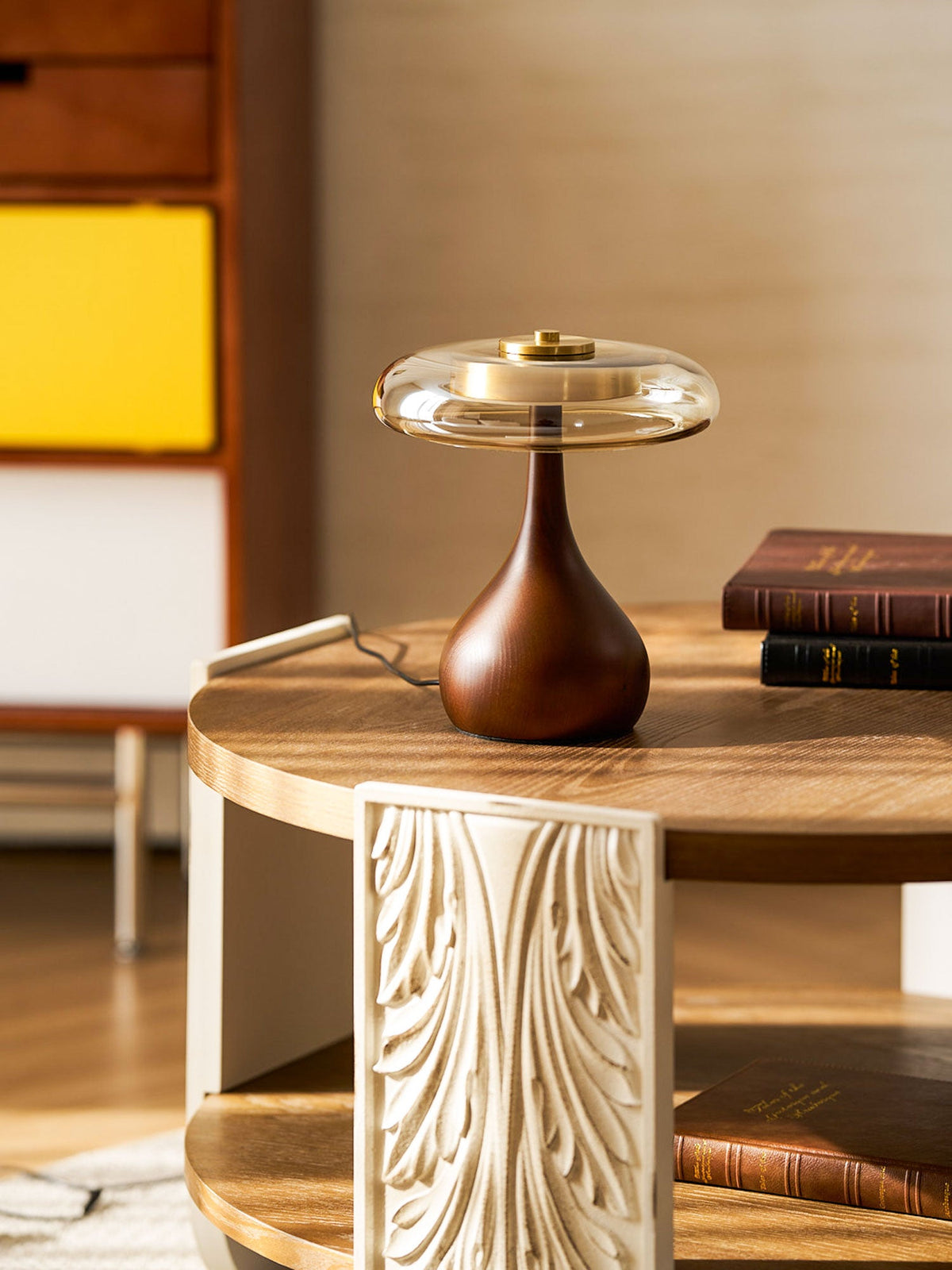 Walnut Wood And Amber Glass Table Lamp