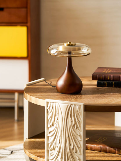 Walnut Wood And Amber Glass Table Lamp