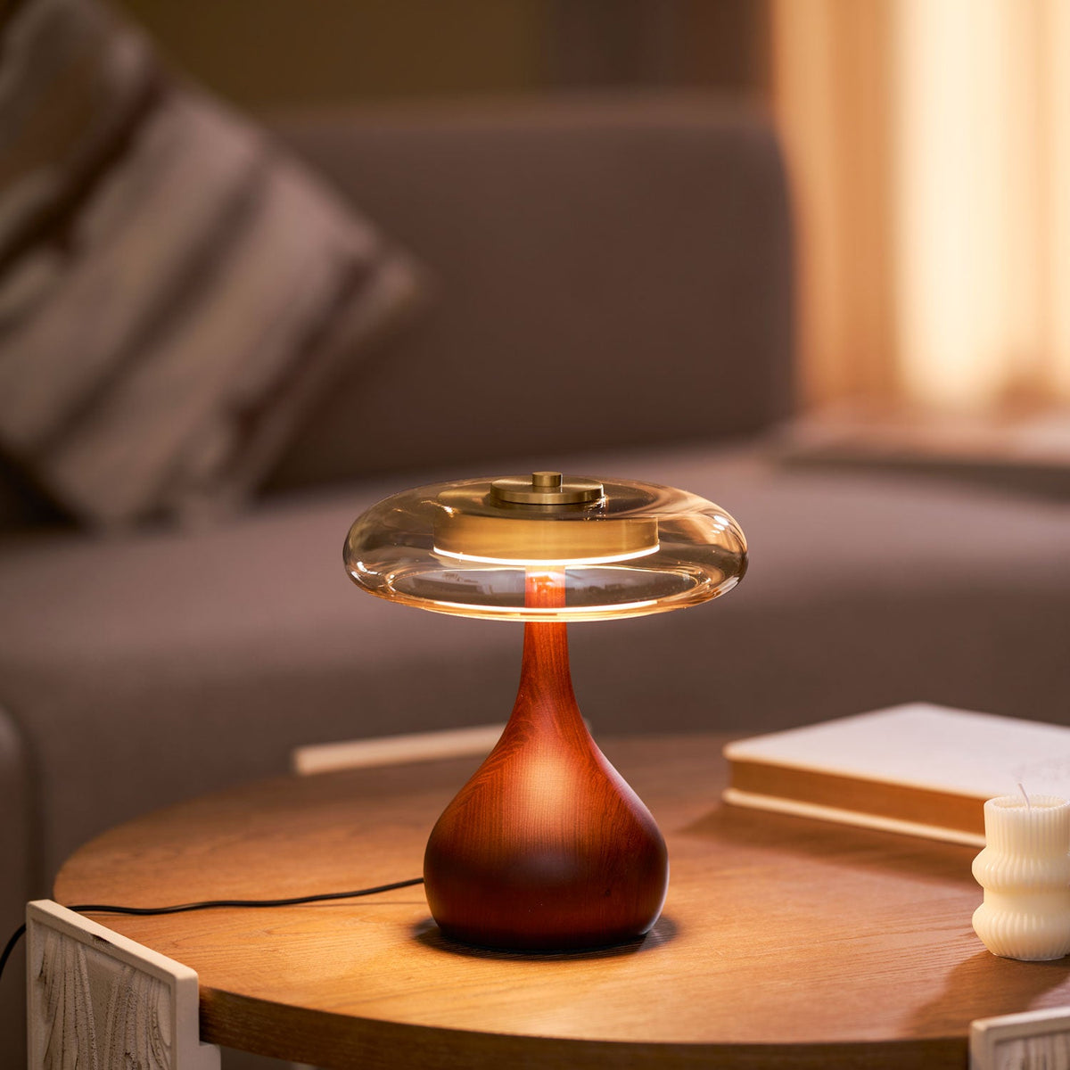 Walnut Wood And Amber Glass Table Lamp