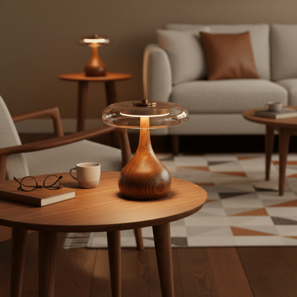 Walnut Wood And Amber Glass Table Lamp