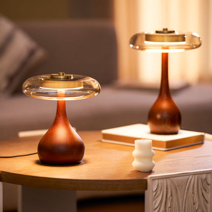 Walnut Wood And Amber Glass Table Lamp