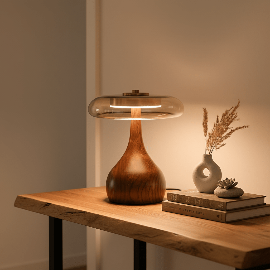 Walnut Wood And Amber Glass Table Lamp