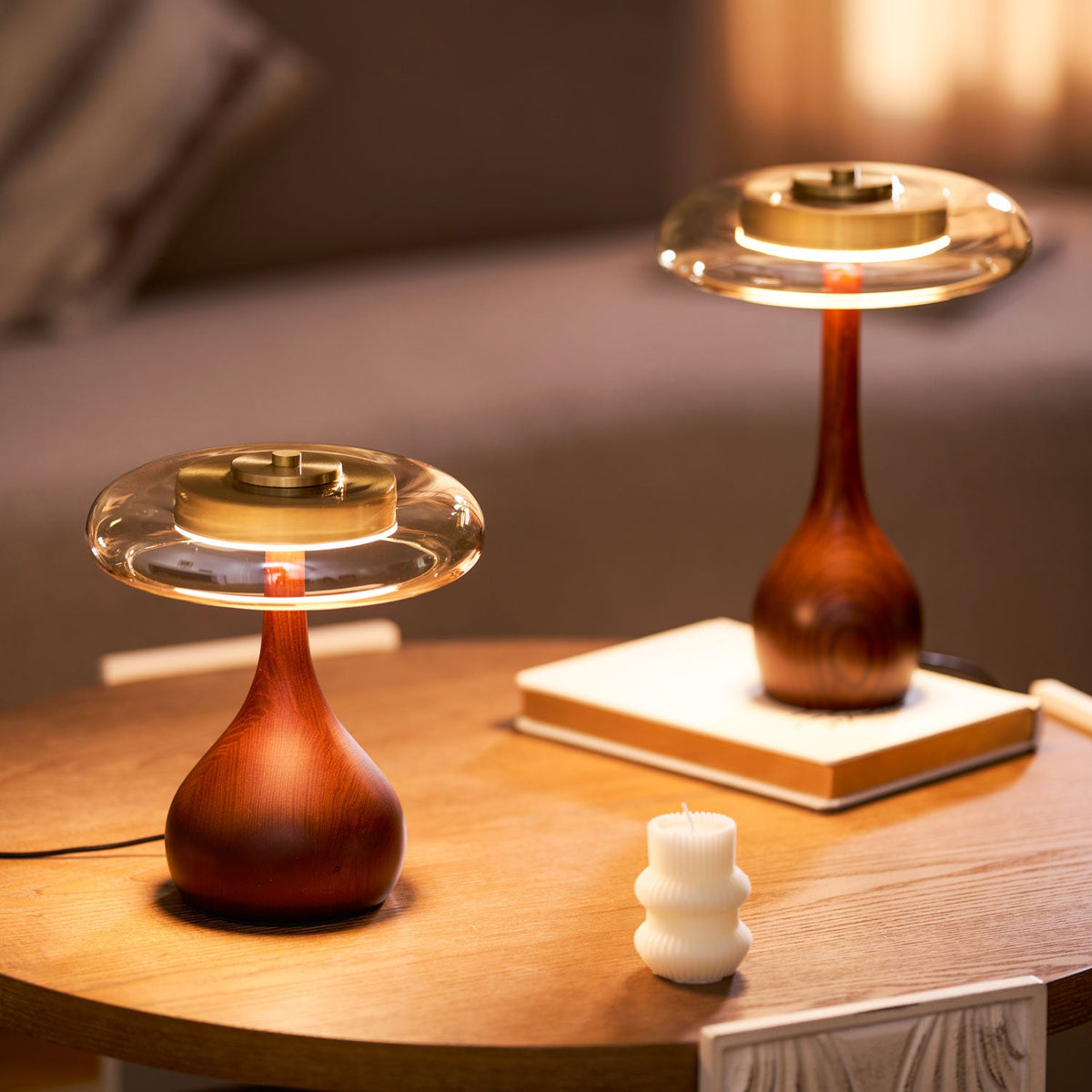 Walnut Wood And Amber Glass Table Lamp