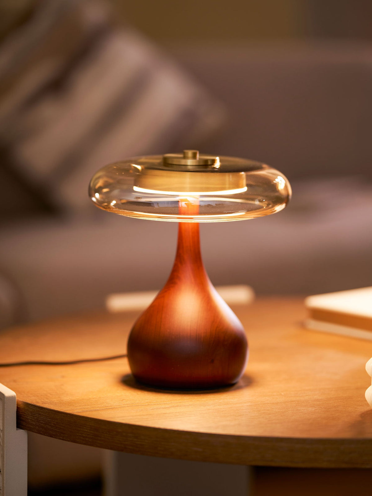 Walnut Wood And Amber Glass Table Lamp
