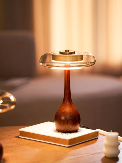 Walnut Wood And Amber Glass Table Lamp