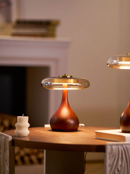 Walnut Wood And Amber Glass Table Lamp