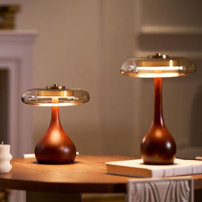 Walnut Wood And Amber Glass Table Lamp