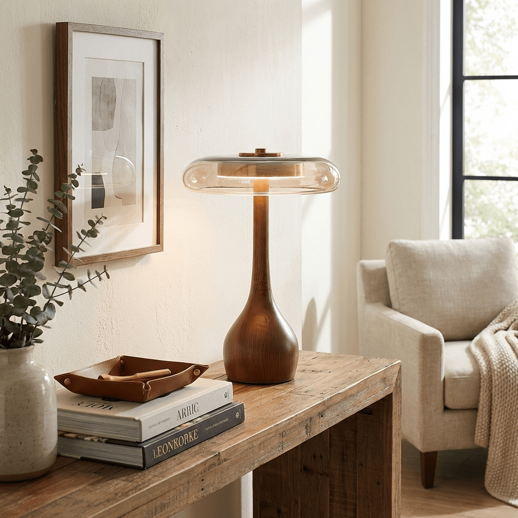 Walnut Wood And Amber Glass Table Lamp