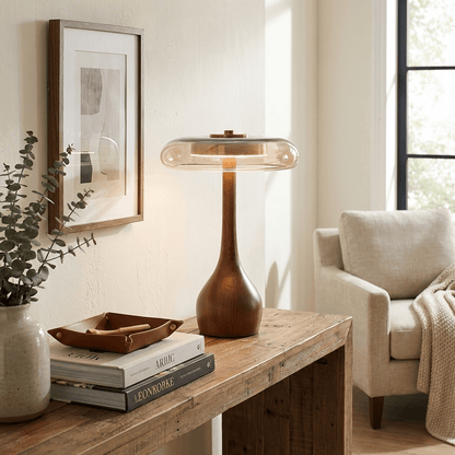 Walnut Wood And Amber Glass Table Lamp
