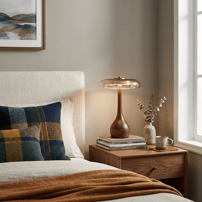 Walnut Wood And Amber Glass Table Lamp