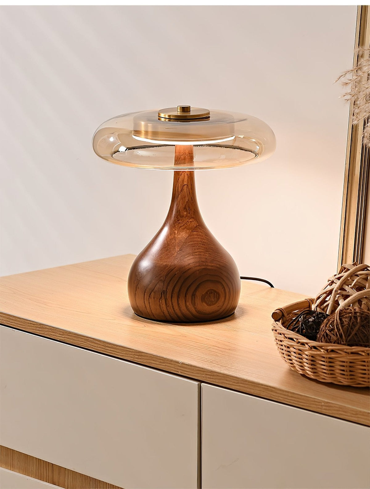 Walnut Wood And Amber Glass Table Lamp