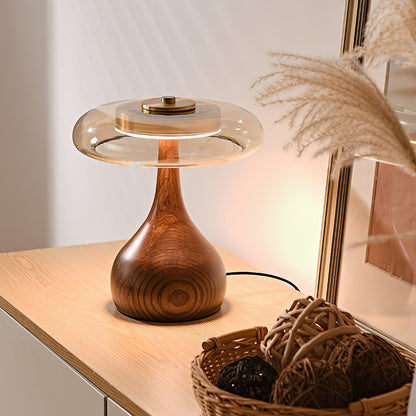 Walnut Wood And Amber Glass Table Lamp