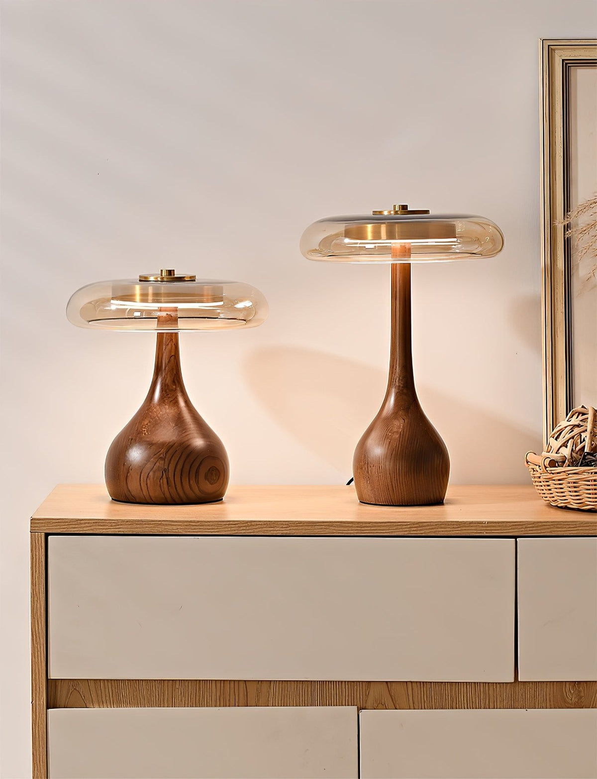 Walnut Wood And Amber Glass Table Lamp