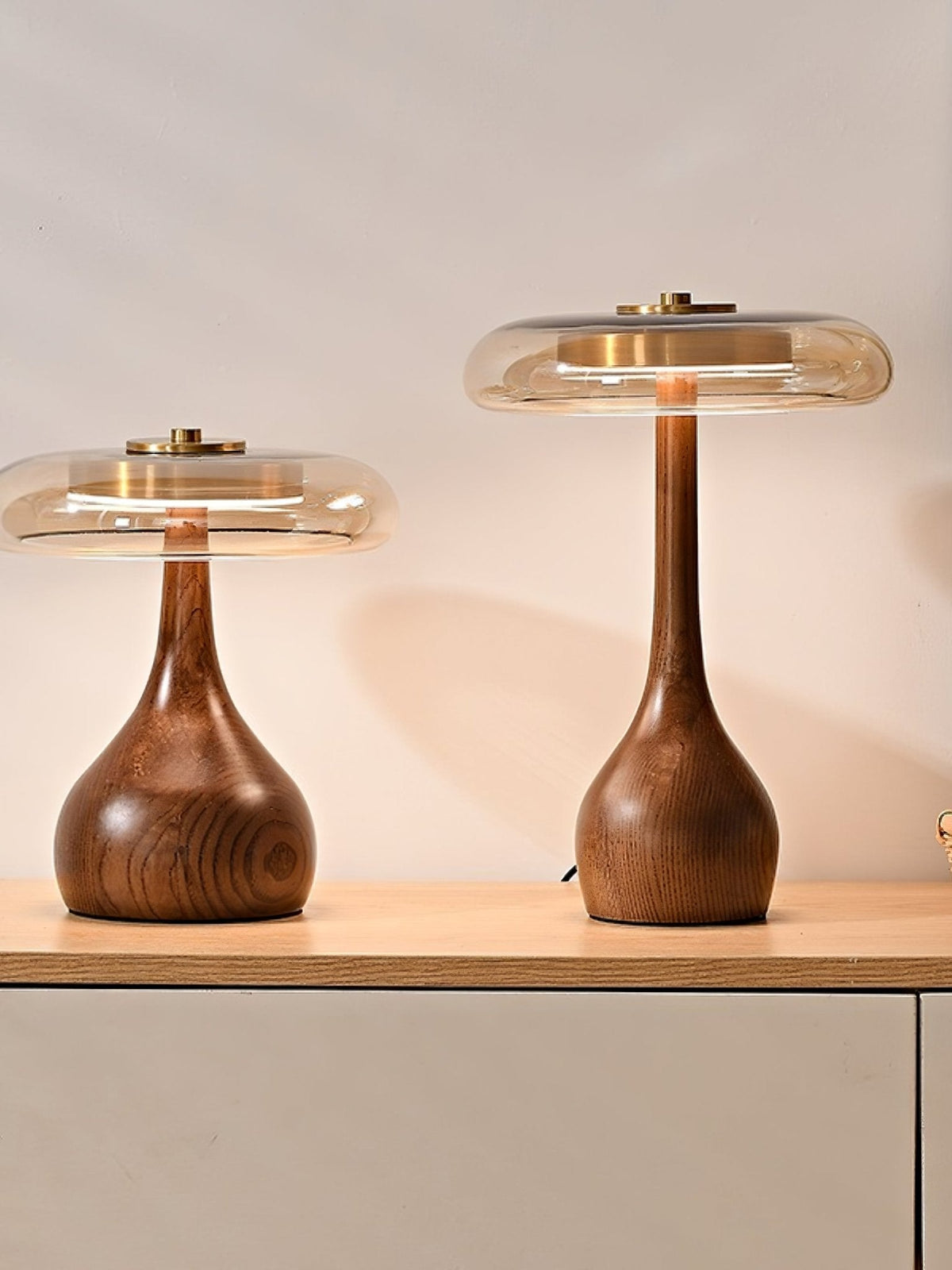 Walnut Wood And Amber Glass Table Lamp