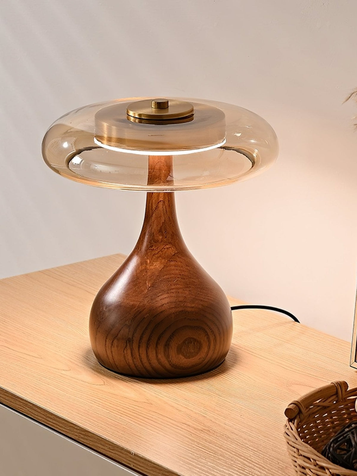Walnut Wood And Amber Glass Table Lamp
