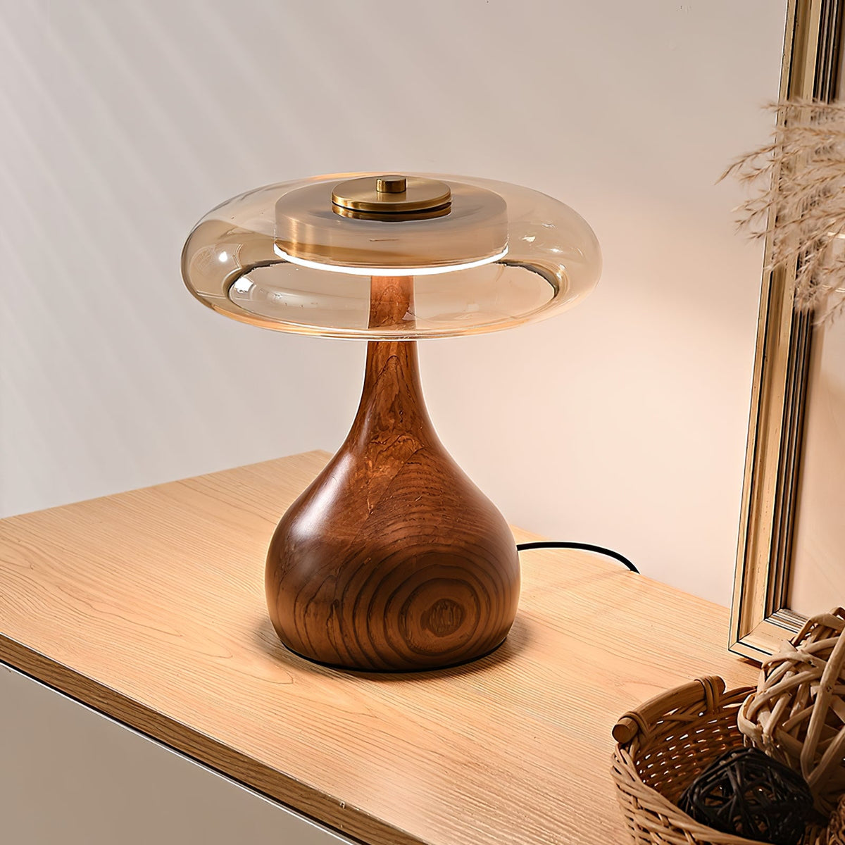 Walnut Wood And Amber Glass Table Lamp