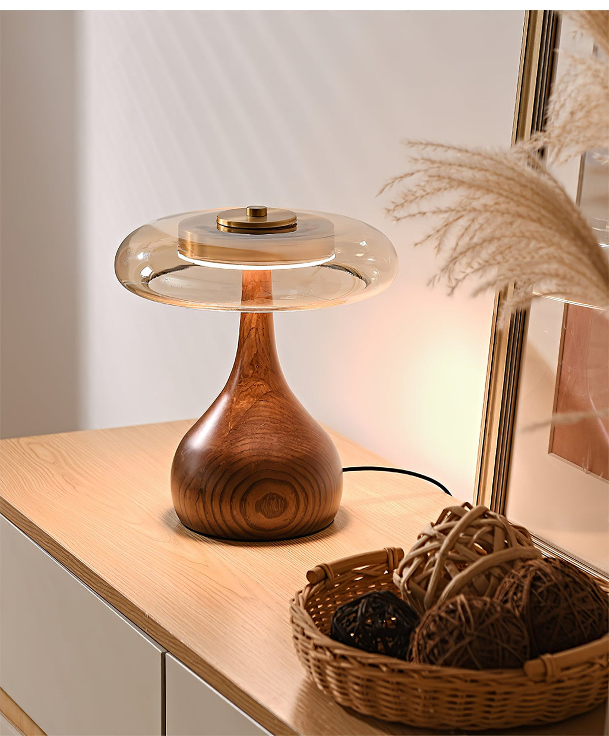 Walnut Wood And Amber Glass Table Lamp