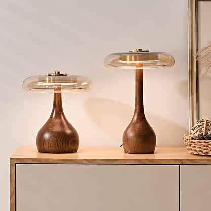 Walnut Wood And Amber Glass Table Lamp