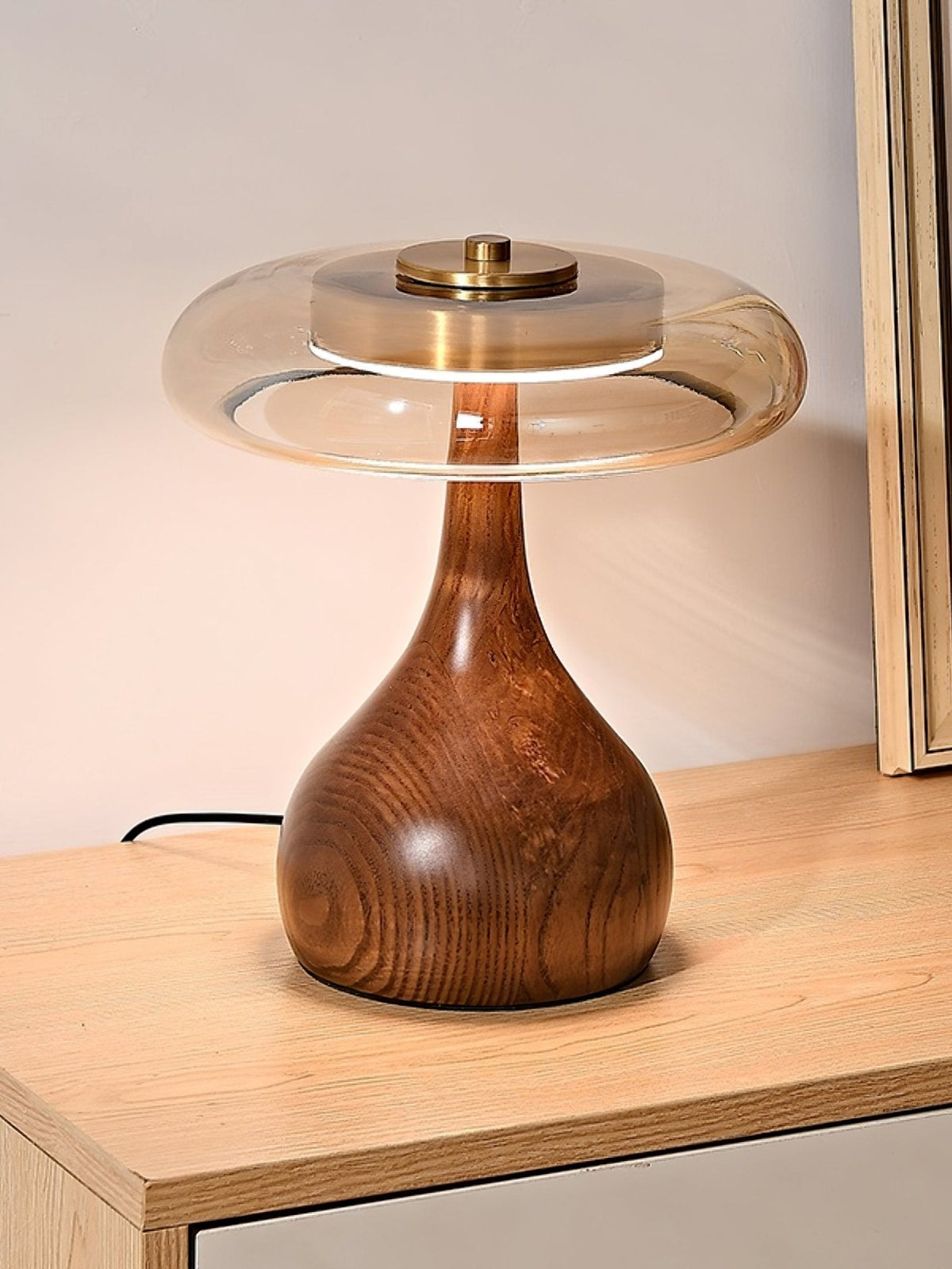 Walnut Wood And Amber Glass Table Lamp