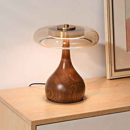 Walnut Wood And Amber Glass Table Lamp