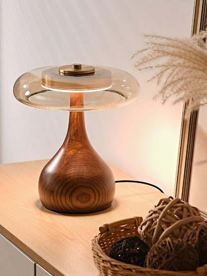 Walnut Wood And Amber Glass Table Lamp