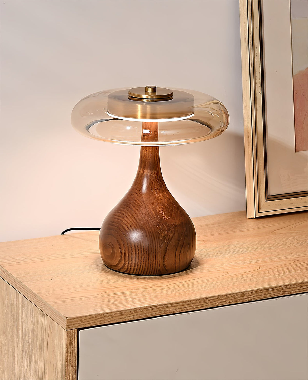 Walnut Wood And Amber Glass Table Lamp